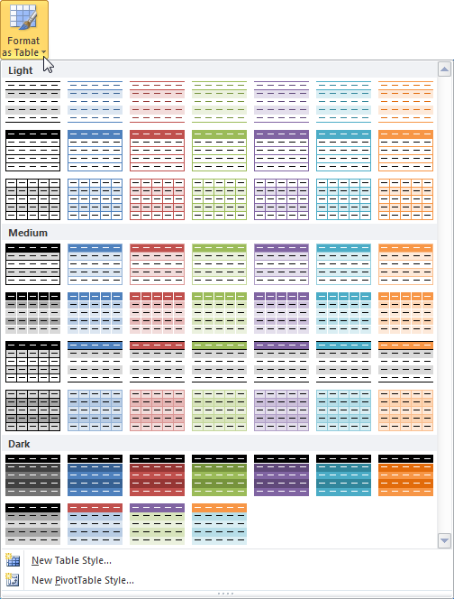 Excel Table choose table style