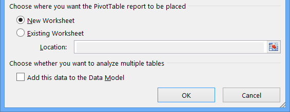 Create PivotTable Dialog choose PivotTable report to be placed