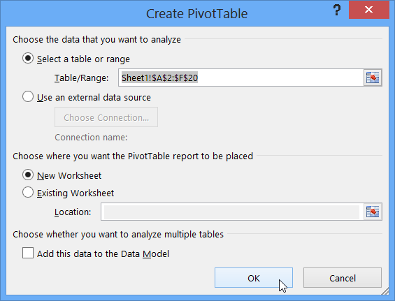 Create PivotTable Dialog default settings