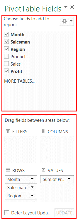 PivotTable Fields pane