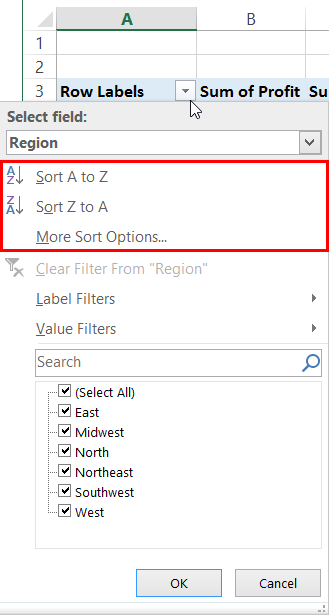 PivotTable Sort Menu