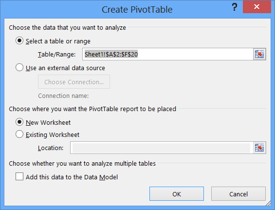 Create PivotTable Dialog