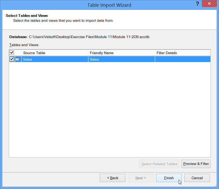 Table Import Wizard Dialog, Select table