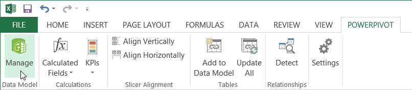 PowerPivot Manage menu