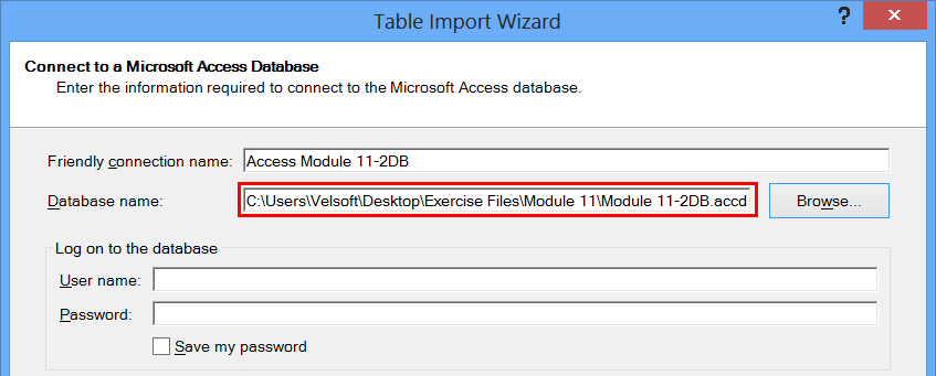 Table Import Wizard Dialog, Database name field