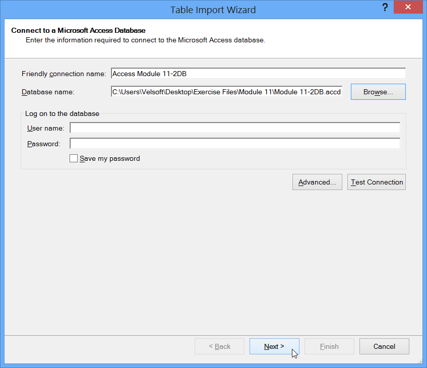 Table Import Wizard Dialog, Next button