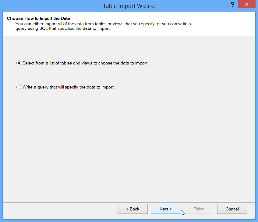 Table Import Wizard Dialog, Next stage